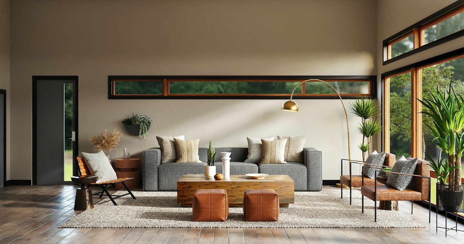 A modern living room incorporating biophilic design with large indoor plants and natural wood furniture