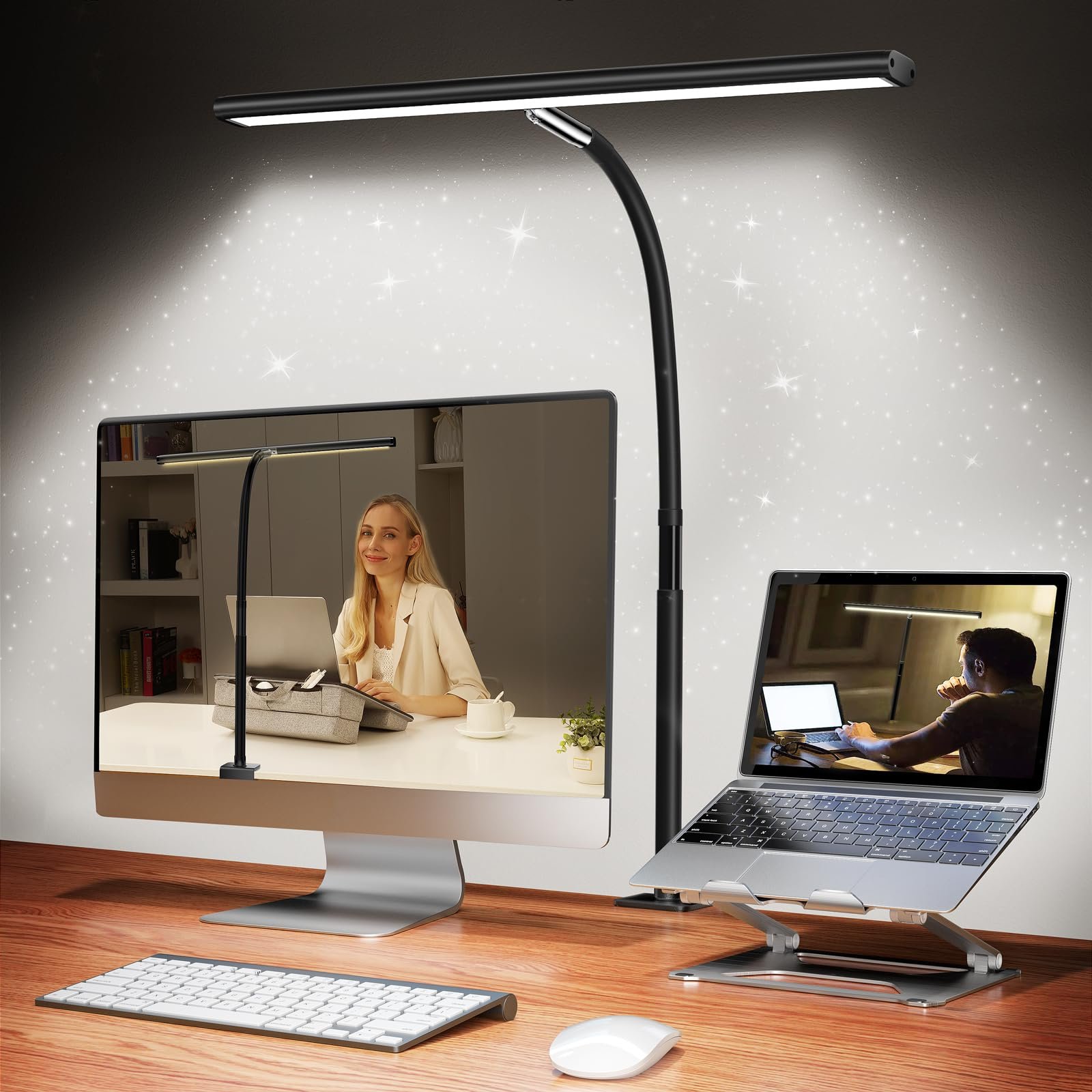 A sleek adjustable desk lamp providing ample light in a home office.
