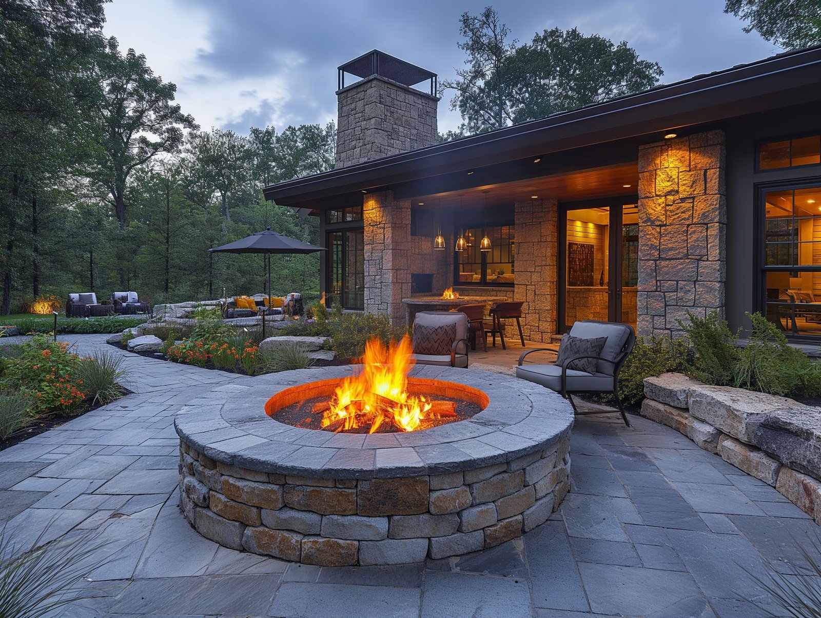 Outdoor patio and living space with cozy seating and firepit