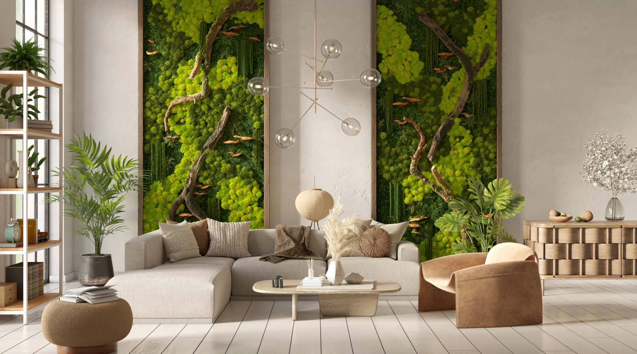Biophilic modern living room design with natural materials and indoor plants