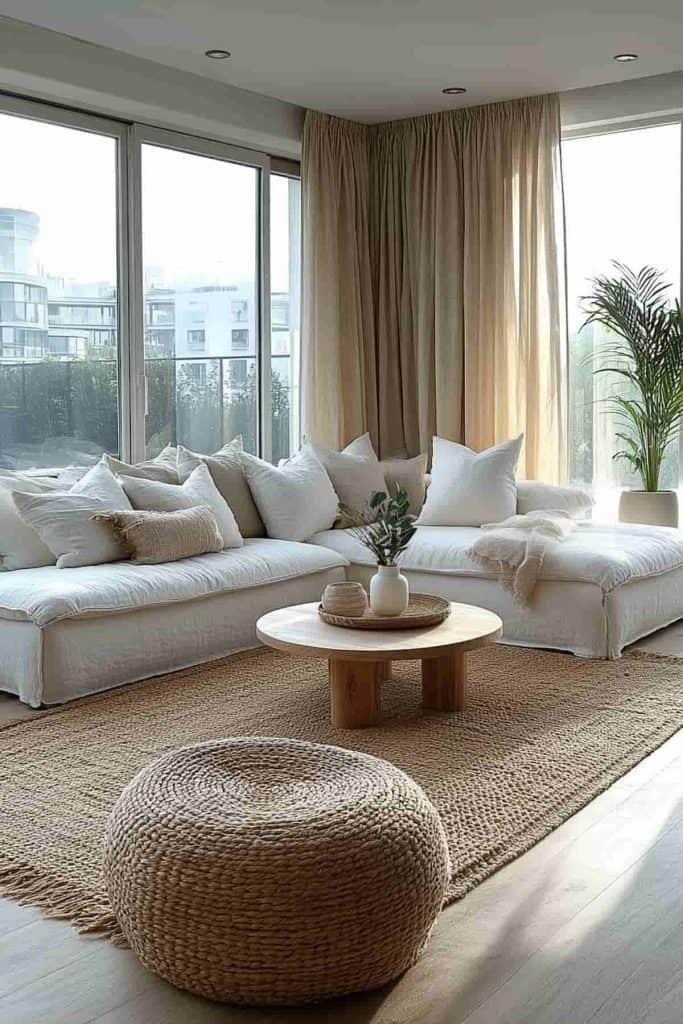 Modern living room makeover with neutral tones and cozy furniture