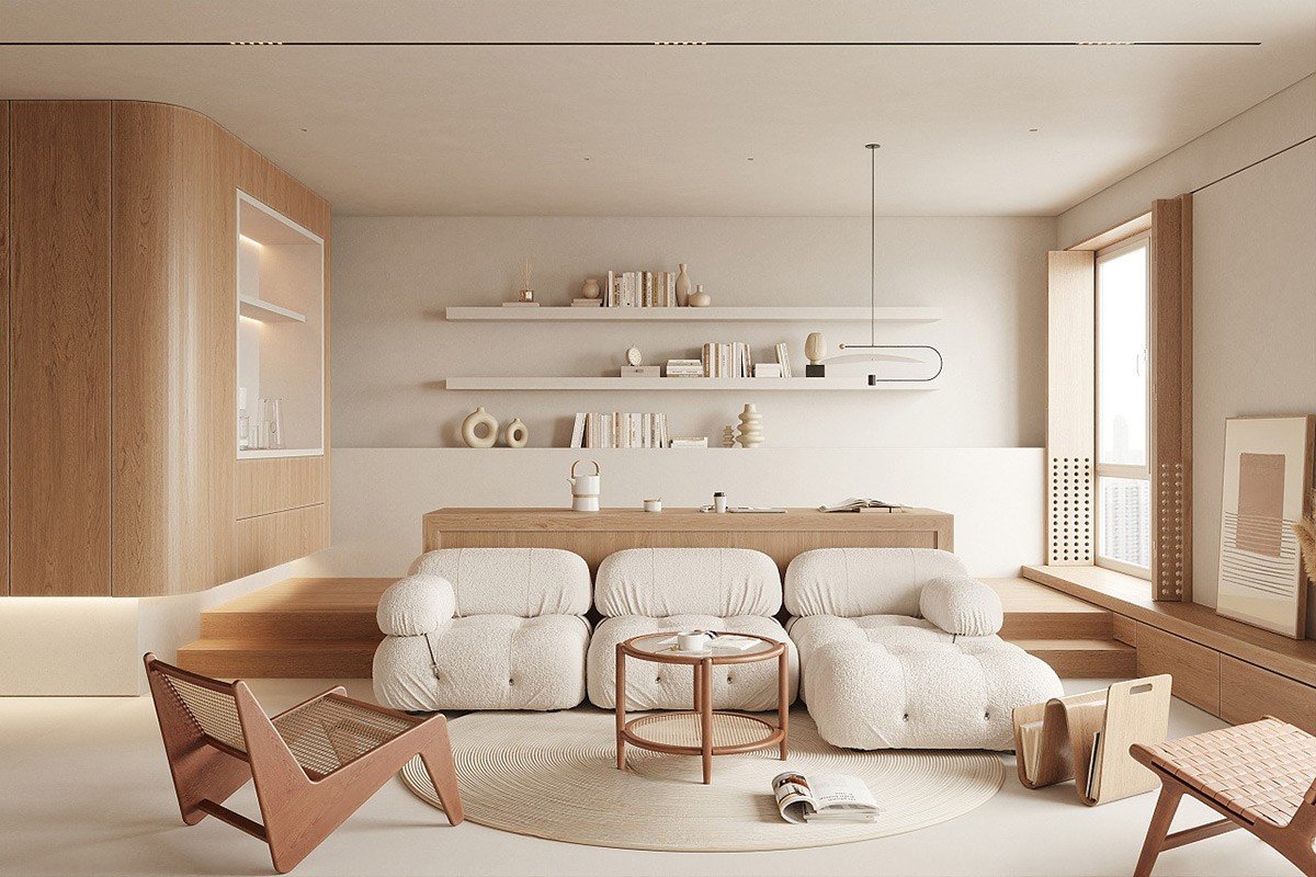 Minimalist home interior with beige tones and wood textures