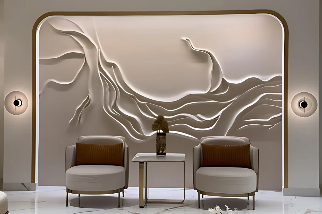 Modern interior design details with arches, wall panels, and textures