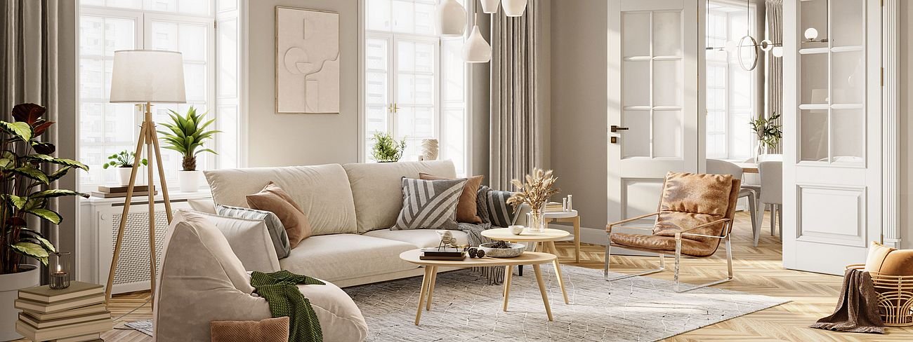 Modern living room design trends in 2025 with neutral colors and soft textures