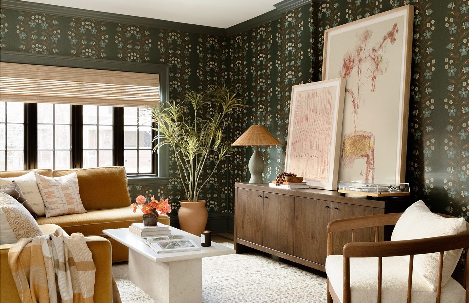 Modern living room wall decor ideas with minimal art and warm tones