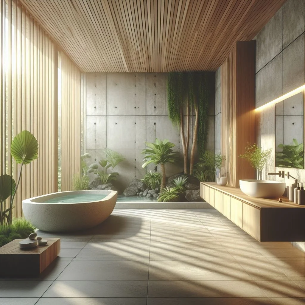 Modern bathroom with organic shapes, stone textures, and indoor plants