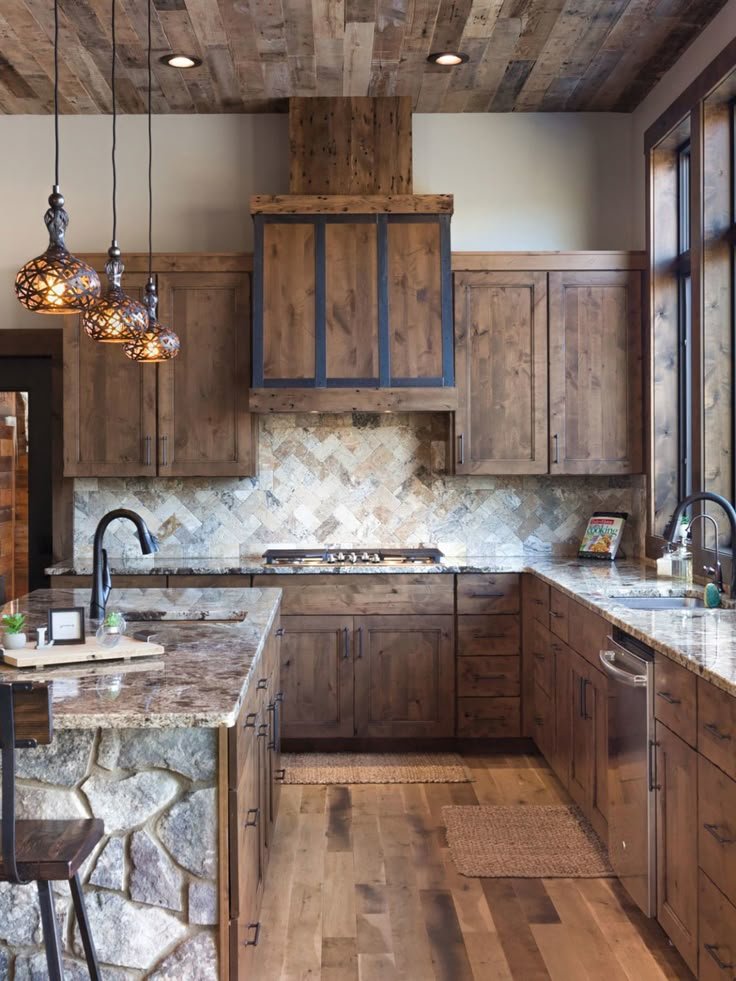 Natural stone backsplash in rustic kitchen