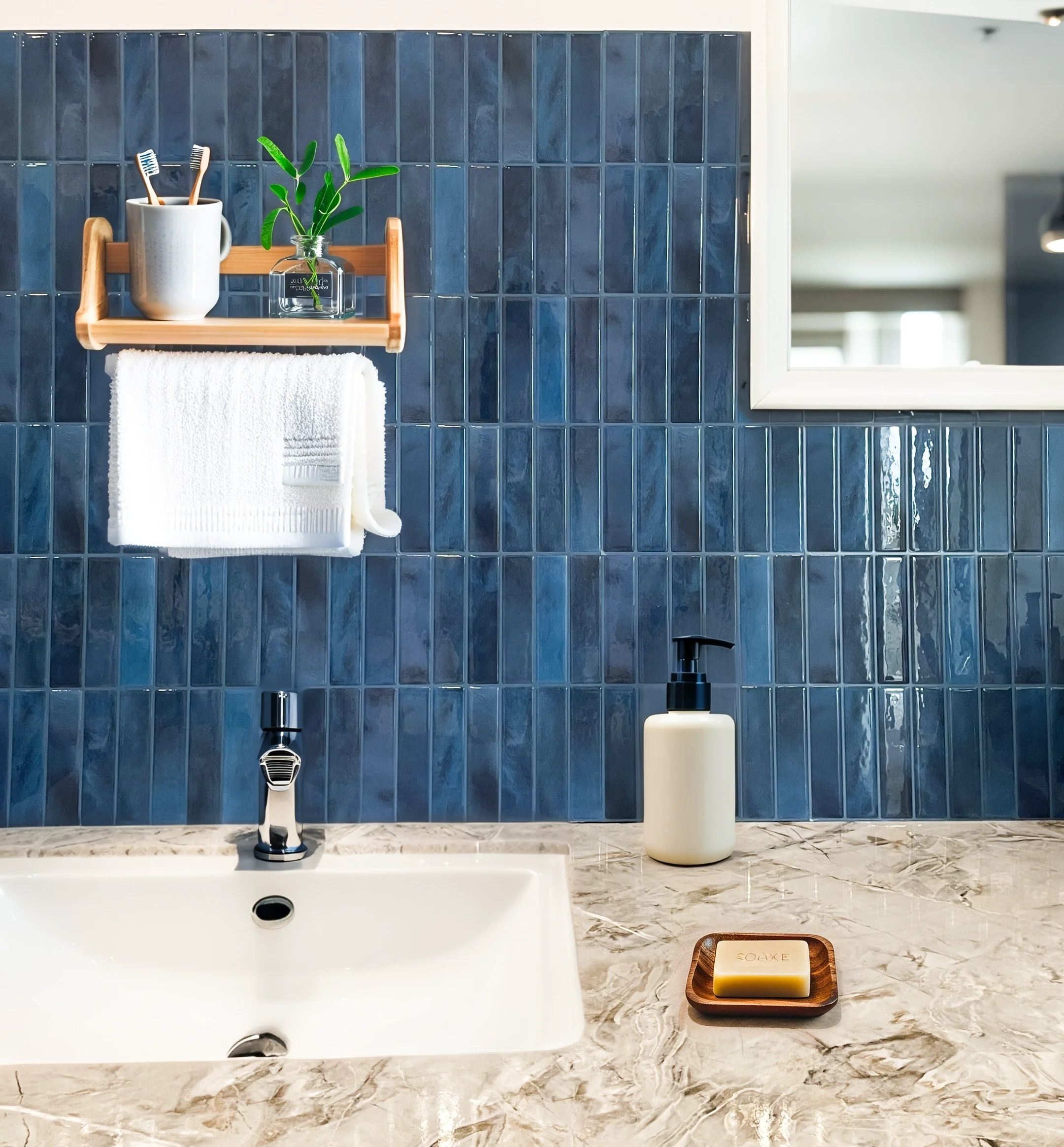 Peel and stick tiles in modern bathroom remodel