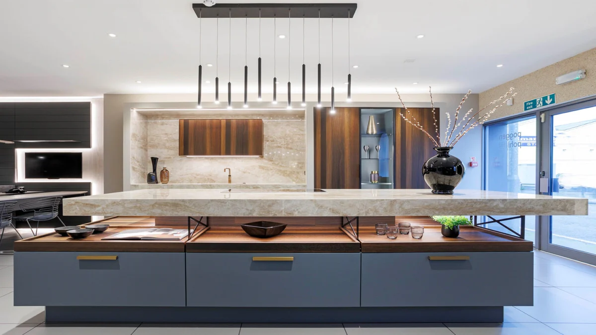 Pendant lights over a modern kitchen island
