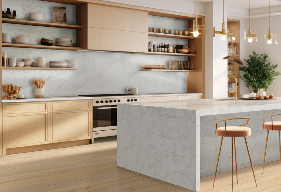 Full slab quartz backsplash in luxury kitchen