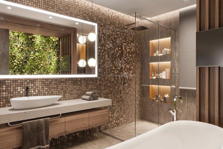Smart bathroom with digital mirror, touchless faucet, and heated flooring