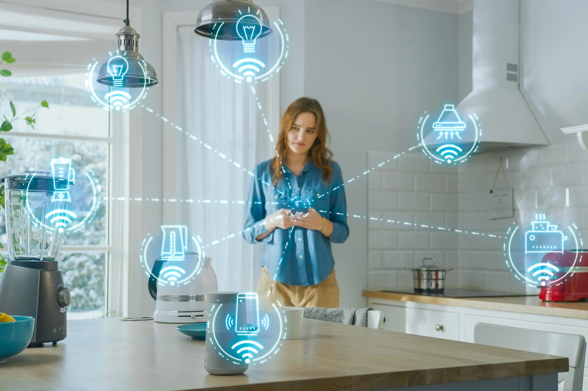 Smart modern kitchen with Wi-Fi appliances and touchless technology