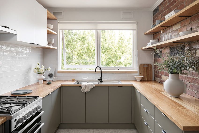 Statement backsplash design in small modern kitchen