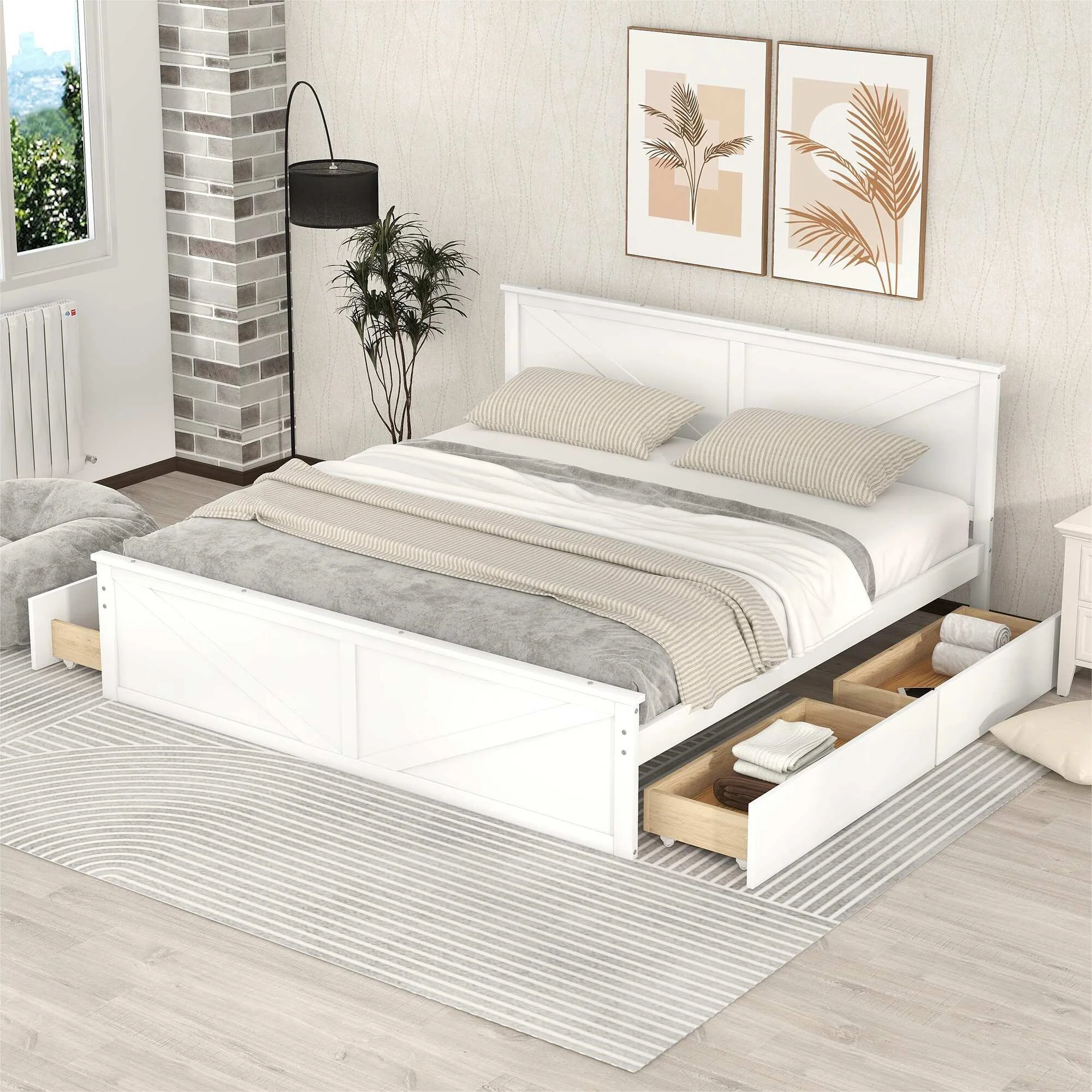 Platform bed with built-in drawers underneath in a small bedroom.